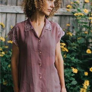 Vintage dark rose/purple sheer embroidered blouse, size M/L